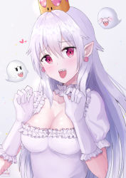 Rule 34 | 1girl, :d, bad id, bad pixiv id, blush, boo (mario), breasts, cleavage, closed eyes, commentary request, covering own eyes, crown, dress, earrings, elbow gloves, frilled dress, frilled gloves, frills, gloves, grey background, hair between eyes, hands up, head tilt, heart, jewelry, kubong, large breasts, long hair, luigi&#039;s mansion, mario (series), mini crown, new super mario bros. u deluxe, nintendo, open mouth, pointy ears, princess king boo, puffy short sleeves, puffy sleeves, red eyes, revision, sharp teeth, short sleeves, sidelocks, signature, silver hair, simple background, smile, super crown, teeth, tongue, tongue out, very long hair, white dress, white gloves