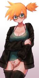 Rule 34 | 1girl, asymmetrical hair, blush, bra, breasts, creatures (company), didd ley, game freak, gen 1 pokemon, glasses, green eyes, highres, huge breasts, jacket, large breasts, legs, looking at viewer, misty (pokemon), navel, nintendo, orange hair, pokemon, pokemon (anime), pokemon (classic anime), ponytail, short hair, side ponytail, solo, suspenders, thighhighs, thighs, underwear