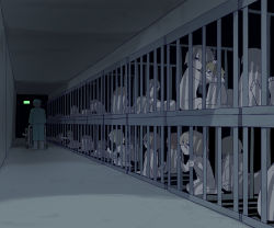 Rule 34 | 6+boys, absurdres, avogado6, blonde hair, boots, brown hair, bruise, cage, closed eyes, grey hair, highres, hug, in cage, injury, multiple boys, nude, original, rubber boots, walking, wide-eyed