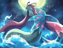 Rule 34 | commentary request, creatures (company), forked tail, full moon, game freak, gen 3 pokemon, highres, milotic, moon, night, night sky, nintendo, no humans, ohayou milk, outdoors, pokemon, pokemon (creature), red eyes, scales, sky, splashing, tail, water