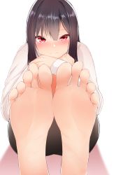 Rule 34 | 1girl, absurdres, barefoot, blush, feet, highres, long hair, looking at viewer, pov, red eyes, skirt, smile, soles, toes