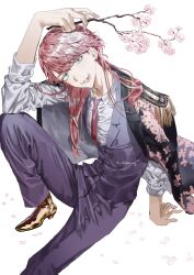 Rule 34 | 1boy, absurdres, arm on knee, biting, black coat, blue eyes, chamuring, cherry blossoms, coat, falling petals, formal, hand on floor, head tilt, highres, holding, knee up, looking at viewer, looking up, male focus, necktie, pants, petals, pink hair, purple suit, red necktie, sanzu haruchiyo, scar, scar on face, shirt, sitting, sleeves rolled up, suit, tokyo revengers, twig, white shirt, wolf cut