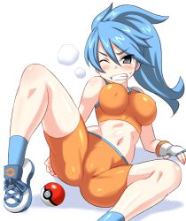 Rule 34 | 10s, 1girl, arm support, battle girl (pokemon), bike shorts, black eyes, blue hair, blush, breasts, clenched teeth, covered erect nipples, creatures (company), fingerless gloves, game freak, gloves, heavy breathing, konno tohiro, large breasts, midriff, navel, nintendo, nipples, npc trainer, one eye closed, orange shirt, poke ball, poke ball (basic), pokemon, pokemon oras, shirt, shoes, simple background, smile, sneakers, socks, solo, sports bra, spread legs, teeth
