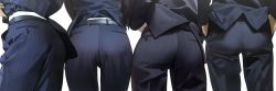 Rule 34 | 4boys, ass, ass focus, belt, commentary request, formal, highres, male focus, multiple boys, original, pants, pinstripe pants, pinstripe pattern, salaryman, simple background, striped, suit, wadani hitonori, white background