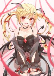 Rule 34 | 1girl, absurdres, black bow, black ribbon, blonde hair, blush, bow, bow bra, bra, breasts, choker, cleavage, collarbone, commentary, cross, crystal, demon girl, demon tail, demon wings, detached sleeves, dress, fang, frills, hair between eyes, hair bow, hair ribbon, head wings, highres, indie virtual youtuber, jewelry, kuroma mihana, lace, long hair, long sleeves, looking at viewer, medium breasts, multicolored hair, null maru, open mouth, pink ribbon, red bow, red eyes, red hair, ribbon, single thighhigh, sleeveless, sleeveless dress, sleeves past wrists, solo, streaked hair, tail, thighhighs, thighs, two side up, underwear, vampire, virtual youtuber, wings