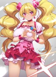 Rule 34 | 1girl, blonde hair, blush, breasts, choker, closed mouth, cure peach, earrings, fresh precure!, frown, gradient background, grey background, hair ornament, heart, heart earrings, heart hair ornament, heart hands, highres, jewelry, large breasts, long hair, looking at viewer, magical girl, momozono love, mukuba, pink eyes, precure, red choker, solo, standing, thighs, twintails