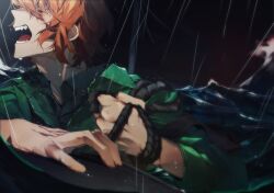 Rule 34 | 1girl, blood, blood on face, freckles, green eyes, green shirt, hashtag-only commentary, highres, holding, holding rope, ishmael (project moon), limbus company, open mouth, orange hair, outdoors, partially submerged, project moon, rain, rope, sharp teeth, shirt, short hair, shouzuo, sidelocks, solo, teeth, water, waves, wet