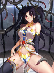 Rule 34 | &gt;:(, 1girl, arm support, asymmetrical clothes, asymmetrical legwear, bare shoulders, black gloves, black hair, black thighhighs, blush, breasts, cage, cleavage, closed mouth, crown, cyicheng, earrings, elbow gloves, fate/grand order, fate (series), frown, gloves, gluteal fold, groping, hair ribbon, hoop earrings, in cage, ishtar (fate), jewelry, long hair, looking at viewer, medium breasts, midriff, navel, neck ring, red eyes, ribbon, single elbow glove, single thighhigh, sitting, solo, spread legs, stomach, sword, tentacles, thighhighs, thighs, tohsaka rin, two side up, uneven legwear, v-shaped eyebrows, weapon