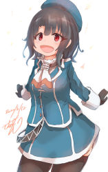 Rule 34 | 1girl, absurdres, aged down, beret, black gloves, black hair, black thighhighs, blue hat, commentary request, cowboy shot, dated, gloves, hat, highres, kantai collection, military, military uniform, miniskirt, red eyes, saamon (salmonkomaku), short hair, signature, skirt, smile, solo, standing, takao (kancolle), thighhighs, uniform