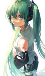 Rule 34 | 1girl, absurdres, aqua belt, aqua necktie, backlighting, bare shoulders, belt, black skirt, black thighhighs, breasts, clenched hand, collared shirt, detached sleeves, dutch angle, expressionless, feet out of frame, from above, green eyes, hair between eyes, hatsune miku, headset, highres, light blush, light particles, long hair, looking at viewer, looking back, looking up, loose belt, necktie, number tattoo, parted lips, pleated skirt, shirt, shoulder tattoo, sideboob, sidelocks, simple background, skirt, sleeveless, sleeveless shirt, small breasts, solo, standing, straight hair, tareme, tattoo, tetta (tettaakira), thighhighs, twintails, very long hair, vignetting, vocaloid, white background, white shirt, zettai ryouiki