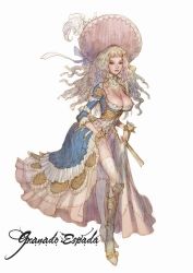 Rule 34 | 1girl, areola slip, blonde hair, blunt bangs, boots, bow, breasts, cleavage, copyright name, corset, curly hair, detached collar, dress, fishnets, flower, folding fan, frilled dress, frills, full body, gown, granado espada, green eyes, hand fan, hat, high heel boots, high heels, holding, large breasts, lingerie, long hair, looking at viewer, mole, mole under mouth, nipples, original, parted lips, see-through, simple background, sketch, skirt hold, solo, standing, thighhighs, underwear, victorian, warlock (granado espada), white background, white thighhighs, zettai ryouiki