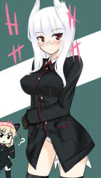 Rule 34 | 1girl, :x, ?, black eyes, black panties, blush, breasts, female focus, glasses, gloves, heidimarie w. schnaufer, heinrike prinzessin zu sayn-wittgenstein, hirschgeweih antennas, itamochi, large breasts, long hair, military, military uniform, no pants, noble witches, panties, red eyes, solo, strike witches, thighhighs, underwear, uniform, white hair, world witches series