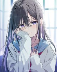 Rule 34 | 1girl, akamoku, black hair, blue sailor collar, commentary request, crying, crying with eyes open, hand on own chest, hand on own face, highres, long hair, long sleeves, looking at viewer, multicolored hair, original, parted lips, purple eyes, purple hair, sailor collar, school uniform, serafuku, shirt, sleeves past wrists, streaming tears, tears, twitter username, two-tone hair, upper body, v-shaped eyebrows, white shirt, wiping tears