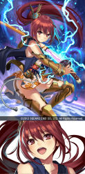 Rule 34 | 1girl, boots, galaxy dungeon, gaou (umaiyo puyoman), highres, katana, lightning, open mouth, ponytail, red eyes, red hair, solo, sword, thigh boots, thighhighs, weapon