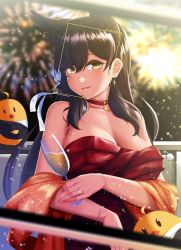 Rule 34 | 1girl, animal ears, atago (azur lane), azur lane, black hair, bracelet, breasts, choker, cup, dog ears, dress, earrings, evening gown, extra ears, fireworks, hair ribbon, highres, holding, holding cup, jewelry, kagiyama (clave), large breasts, long hair, manjuu (azur lane), mole, mole under eye, red dress, ribbon, ring, shawl, strapless, strapless dress, swept bangs, viewfinder, yellow eyes