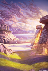 Rule 34 | angelmaster, arsenixc, beach, cloud, cloudy sky, comic, commentary, grass, highres, horizon, monolith (object), no humans, ocean, outdoors, pillar, purple sky, reflection, rock, ruins, sand, scenery, shadow, shore, sky, stone, sunrise, temple, water surface, watermark