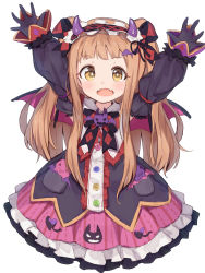 Rule 34 | + +, 1girl, :d, arms up, bat hair ornament, bat wings, black gloves, buttons, cropped legs, detached sleeves, dress, fake horns, fangs, frilled dress, frills, gloves, hair ornament, hairclip, headdress, highres, horns, ichihara nina, idolmaster, idolmaster cinderella girls, light brown hair, long hair, looking at viewer, open mouth, puffy detached sleeves, puffy sleeves, shone, simple background, smile, solo, twintails, two side up, white background, wings, yellow eyes