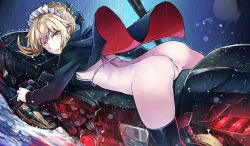 Rule 34 | 1girl, absurdres, anus, artoria pendragon (alter swimsuit rider) (fate), artoria pendragon (alter swimsuit rider) (second ascension) (fate), artoria pendragon (fate), ass, back, bikini, bikini top only, black bikini, black jacket, black thighhighs, blonde hair, blue bow, bottomless, bow, breasts, commentary request, fate/grand order, fate (series), from side, hair bow, highres, jacket, jeffrey10, long sleeves, looking at viewer, looking to the side, lying, maid headdress, medium breasts, motor vehicle, motorcycle, on stomach, open clothes, open jacket, outdoors, parted lips, pussy, rain, short hair, sideboob, sidelocks, solo, spread legs, swimsuit, thighhighs, v-shaped eyebrows, water, yellow eyes