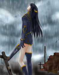 Rule 34 | 1girl, black hair, boots, chikican, female focus, long hair, looking up, lowres, outdoors, rain, rose (dragoon), sky, solo, sword, the legend of dragoon, thighhighs, weapon
