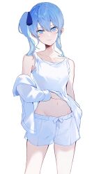 Rule 34 | 1girl, absurdres, aya02ka, blue eyes, blue hair, clothes lift, collarbone, cowboy shot, double-parted bangs, hair between eyes, hand on own stomach, highres, hololive, hoshimachi suisei, jacket, lifting own clothes, light smile, looking at viewer, midriff, navel, shirt, shirt lift, shorts, side ponytail, sidelocks, sleeveless, sleeveless shirt, solo, stomach, virtual youtuber, white background, white jacket, white shirt, white shorts
