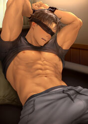 Rule 34 | 1boy, abs, bara, bare pectorals, black blindfold, blindfold, bound, bound wrists, brown hair, clothes lift, covered eyes, grey pants, highres, jim (mondi hl), large pectorals, male focus, mondi hl, muscular, muscular male, navel, nipples, original, pants, pectorals, restrained, shirt, shirt lift, short hair, solo