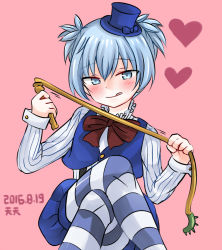 Rule 34 | 1boy, ansatsu kyoushitsu, blue eyes, blue hair, blush, bow, bowtie, hat, heart, licking lips, long sleeves, looking at viewer, male focus, pantyhose, pink background, ribbon, shiota nagisa, short hair, short twintails, simple background, smile, solo, striped clothes, striped pantyhose, tenten (kitty), tongue, tongue out, trap, twintails, whip