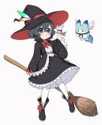 Rule 34 | 1girl, alternate costume, black dress, black footwear, black hair, black hat, blue eyes, boots, bow, bowtie, broom, center frills, commentary request, dress, footwear bow, frilled dress, frilled sleeves, frills, glove bow, gloves, hat, hat feather, high collar, kaban (kemono friends), kemono friends, long dress, long sleeves, lucky beast (kemono friends), pantyhose, ransusan, red bow, red bowtie, shoes, short hair, solo, white frills, white gloves, white pantyhose, wings, witch, witch hat