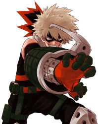 Rule 34 | 10s, 1boy, a mane, armor, bad id, bad pixiv id, bakugou katsuki, belt, boku no hero academia, gloves, grin, hair between eyes, light brown hair, male focus, mask, official style, outstretched arm, pants, red eyes, simple background, smile, solo, spiked hair, white background, yoshitaro (almendra)