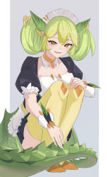 Rule 34 | 1girl, apron, black dress, breasts, cleavage, collarbone, dragon girl, dragon horns, dragon tail, dress, duel monster, green hair, green tail, green thighhighs, heichi, highres, horns, large breasts, maid, maid headdress, monster girl, parlor dragonmaid, simple background, smile, solo, tail, thighhighs, twintails, white apron, white background, yu-gi-oh!