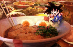 Rule 34 | 1boy, absurdres, black eyes, black footwear, black hair, bowl, child, chopsticks, commentary, dougi, dragon ball, dragon ball (classic), egg, english commentary, food, food request, highres, holding, holding chopsticks, male focus, mini person, miniboy, monkey tail, open mouth, red wristband, sitting, solo, son goku, spiked hair, tail, teeth, upper teeth only, vinoburrito
