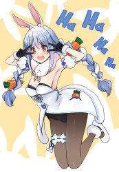 Rule 34 | 1girl, animal ear fluff, animal ears, black gloves, black pantyhose, blue hair, braid, carrot hair ornament, coat, creature, don-chan (usada pekora), food-themed hair ornament, gloves, h2o (ddks2923), hair ornament, highres, hololive, laughing, leotard, long hair, multicolored hair, open mouth, pantyhose, playboy bunny, rabbit, rabbit ears, rabbit girl, scarf, smile, solo, thick eyebrows, twin braids, two-tone hair, usada pekora, usada pekora (1st costume), virtual youtuber, white coat, white hair