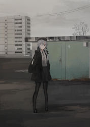 Rule 34 | 1girl, bag, beret, black bow, black footwear, black gloves, black hat, black jacket, black pantyhose, black skirt, bow, building, car, chihuri, cloud, cloudy sky, collared shirt, dress shirt, eva (chihuri), eve (chihuri), eyepatch, gloves, grey eyes, grey hair, hair between eyes, hair bow, hat, highres, holding strap, jacket, loafers, long hair, looking at viewer, medical eyepatch, motor vehicle, open clothes, open jacket, original, outdoors, overcast, pantyhose, parted lips, puddle, shirt, shoes, skirt, sky, solo, standing, water, white shirt