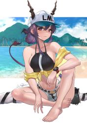 Rule 34 | 1girl, absurdres, arknights, bare legs, bare shoulders, barefoot, baseball cap, bikini, black bikini, blue sky, breasts, ch&#039;en (arknights), ch'en (arknights), chinese commentary, cloud, commentary request, day, dragon horns, female tourist c (arknights), folded ponytail, grey shorts, hair between eyes, halterneck, hat, highres, horns, horns through headwear, indian style, knee up, large breasts, long hair, looking at viewer, micro shorts, off shoulder, official alternate costume, outdoors, palm tree, purple hair, red eyes, shorts, sidelocks, sitting, sky, solo, stomach, swimsuit, thighs, tree, watch, water, wingure, wristwatch