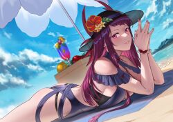Rule 34 | 1girl, absurdres, ass, bare arms, beach, beach umbrella, blue one-piece swimsuit, breast press, breasts, commentary, commission, commissioner upload, deras, drink, english commentary, fire emblem, fire emblem engage, fire emblem heroes, flower, frills, from side, hat, hat flower, highres, ivy (fire emblem), ivy (summer) (fire emblem), large breasts, long hair, looking at viewer, lying, nail polish, nintendo, non-web source, ocean, official alternate costume, on stomach, one-piece swimsuit, outdoors, own hands together, pink eyes, pink nails, purple hair, see-through, solo, sun hat, swimsuit, the pose, towel, umbrella