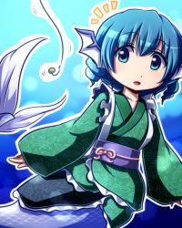 Rule 34 | 1girl, :o, animal ears, bait, blue background, blue eyes, blue hair, commentary request, drill hair, fins, fishing hook, fishing line, floral print, green kimono, head fins, japanese clothes, kimono, long sleeves, notice lines, obi, outline, parted lips, sash, solo, tottsuman, touhou, underwater, wakasagihime, white outline, wide sleeves