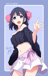 Rule 34 | 1girl, :d, adjusting clothes, bare shoulders, black shirt, blue eyes, blue hair, bow, collarbone, dated, hair bow, hand up, highres, long hair, long sleeves, looking at viewer, midriff, navel, nii manabu, open mouth, original, pink bow, pink skirt, shirt, signature, simple background, skirt, smile, solo, standing, strapless, strapless shirt, waving