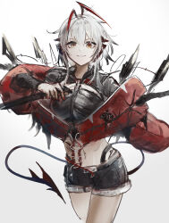 Rule 34 | 1girl, absurdres, aiv, arknights, black shorts, commentary, crop top, demon girl, demon horns, demon tail, grey hair, highres, horns, jacket, looking at viewer, midriff, short hair, short shorts, shorts, simple background, smile, solo, tail, w (arknights), white background, wis&#039;adel (arknights)