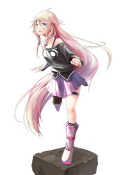 Rule 34 | 1girl, bare shoulders, blonde hair, blue eyes, boots, braid, full body, ia (vocaloid), long hair, looking at viewer, murakami monako, off shoulder, pink hair, simple background, single thighhigh, skirt, smile, solo, thigh strap, thighhighs, twin braids, very long hair, vocaloid