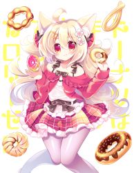 Rule 34 | 1girl, :t, ahoge, animal ear fluff, animal ears, bare shoulders, blonde hair, cat ears, closed mouth, commentary request, doughnut, eating, feet out of frame, flower, food, food on face, frilled skirt, frills, hair between eyes, hair flower, hair ornament, hair ribbon, hairclip, holding, holding food, jacket, long hair, original, pantyhose, pleated skirt, pon de ring, red eyes, red jacket, red ribbon, red skirt, ribbon, shikito (yawa0w0), shirt, skirt, solo, very long hair, white flower, white pantyhose, white shirt
