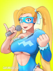 Rule 34 | 1girl, :d, artist name, blonde hair, blue eyes, blue leotard, breasts, cleavage, clothing cutout, dated, frills, holding, holding microphone, large breasts, leotard, long hair, looking at viewer, mask, microphone, muscular, muscular female, official alternate costume, open mouth, pinky out, quasimodox, rainbow mika, smile, solo, street fighter, street fighter v, twintails, wrestling outfit, yellow background