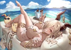 Rule 34 | 1girl, absurdres, anklet, armeria, azur lane, barefoot, blonde hair, blue sky, braid, breasts, bucket, cloud, cola, dark-skinned female, dark skin, day, demon horns, gold, gold bracelet, grin, highres, horns, ice, jewelry, large breasts, long hair, lying, manjuu (azur lane), mole, mole under mouth, nail polish, ocean, official alternate costume, on back, outdoors, owari (azur lane), owari (shimmering forsythia) (azur lane), ring, sky, smile, thighlet, thighs, toenail polish, toenails, w, white nails