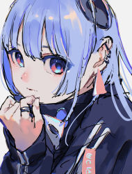 Rule 34 | 1girl, absurdres, blue hair, ear piercing, earrings, hand up, highres, jewelry, long hair, original, piercing, portrait, red eyes, ring, ritao kamo, simple background, solo, white background