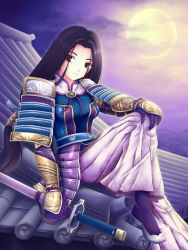 Rule 34 | 1girl, akechi mitsuhide (sengoku musou), armor, black hair, brown eyes, building, closed mouth, elbow pads, female focus, full moon, gauntlets, genderswap, genderswap (mtf), holding, house, long hair, long skirt, looking at viewer, maxwindy, md5 mismatch, moon, moonlight, night, pink skirt, pleated skirt, rooftop, sengoku musou, sengoku musou 2, sheath, sheathed, sitting, skirt, smile, solo, sword, tassel, weapon
