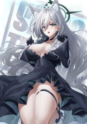 Rule 34 | 1girl, ahoge, animal ear fluff, animal ears, black choker, black dress, black gloves, blue archive, blue eyes, breasts, broken halo, choker, cleavage, covered navel, cowboy shot, cross, cross hair ornament, dark halo, diamond-shaped pupils, diamond (shape), dress, extra ears, gloves, green eyes, grey hair, hair between eyes, hair ornament, halo, hands up, heterochromia, highres, inverted cross, jumping, large breasts, long hair, long sleeves, looking at viewer, mismatched pupils, narrow waist, open mouth, shiroko (blue archive), shiroko terror (blue archive), solo, symbol-shaped pupils, thick thighs, thigh strap, thighs, very long hair, wide hips, wolf ears, xfate