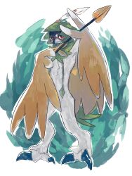 Rule 34 | arrow (projectile), beak, brown feathers, commentary request, creatures (company), decidueye, feathers, game freak, gen 7 pokemon, green background, green hood, highres, holding, holding arrow, intminevoid, nintendo, pokemon, pokemon (creature), red eyes, talons, two-tone background, white background, white fur, wings