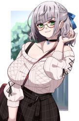 Rule 34 | 1girl, adjusting hair, bag, between breasts, black choker, black skirt, blue ribbon, braid, breasts, casual, choker, commentary, commission, cowboy shot, french braid, glasses, green eyes, hair ribbon, hand up, highres, hololive, large breasts, looking at viewer, parted lips, plaid, plaid skirt, powderrune, ribbed sweater, ribbon, semi-rimless eyewear, shirogane noel, shirogane noel (casual), short hair, silver hair, skirt, sleeves past elbows, smile, solo, strap between breasts, sweater, virtual youtuber, white sweater