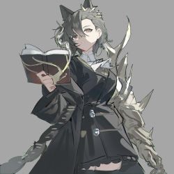 Rule 34 | 1girl, absurdres, animal ears, arknights, ascot, black coat, black dress, black hair, black thighhighs, book, brown eyes, coat, cowboy shot, dress, extra ears, gauntlets, grey background, highres, holding, holding book, long sleeves, looking at viewer, open book, open clothes, open coat, parted lips, penance (arknights), qtian, short hair, simple background, single gauntlet, sketch, solo, thighhighs, white ascot, wolf ears, zettai ryouiki
