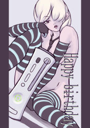 Rule 34 | 1girl, absurdres, game console, gloves, grey eyes, highres, licking lips, mubouou aasaa, no bra, no panties, original, silver hair, solo, striped clothes, striped thighhighs, thighhighs, tongue, tongue out, xbox 360
