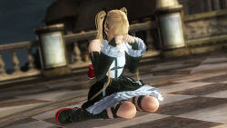 Rule 34 | 1girl, 3d, blonde hair, crying, dead or alive, dead or alive 5, dress, female focus, highres, marie rose, official art, official wallpaper, sitting, solo, tecmo, twintails, wallpaper, wariza