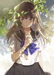 Rule 34 | 1girl, black skirt, blouse, blue eyes, blurry, blush, booota, brown hair, commentary request, depth of field, floating hair, hand on own chest, hand up, long hair, looking at viewer, original, parted lips, pleated skirt, school uniform, serafuku, shirt, short sleeves, skirt, solo, upper body, white shirt